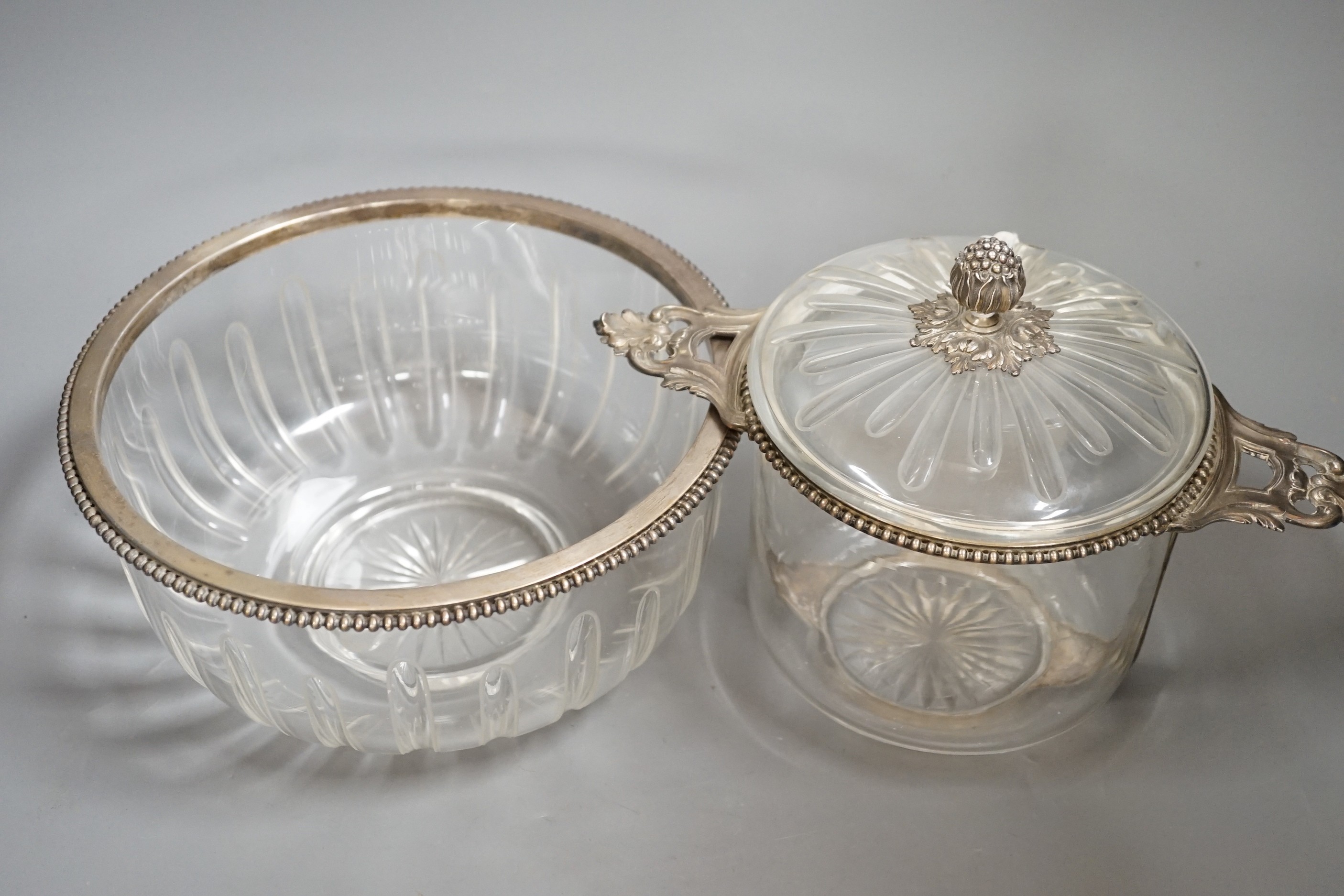 An early 20th century French white metal mounted cut glass caviar set, by Amelie Cardeilhac, Paris, with beaded borders, bowl diameter 24.4cm.